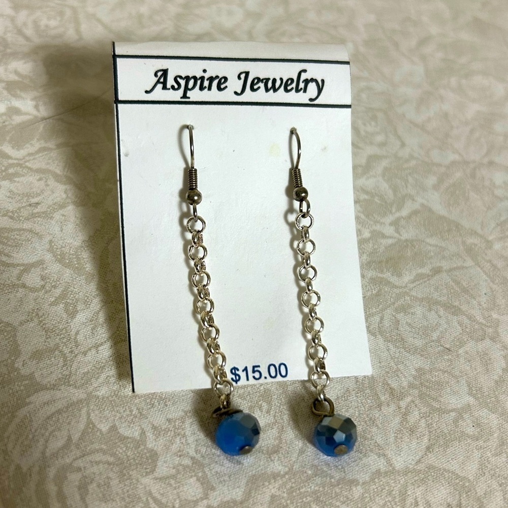 Ocean Blue Sea Drop Dangle Beaded Earrings Long Silver Chain Minimalist Jewelry